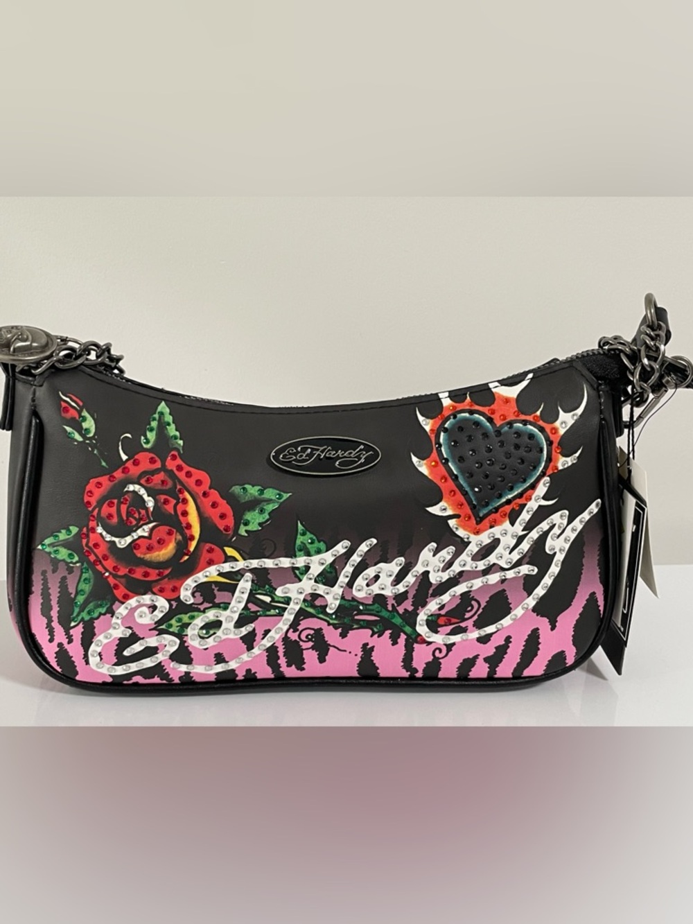 Ed Hardy Black Leather Shoulder Bag with Green Accent